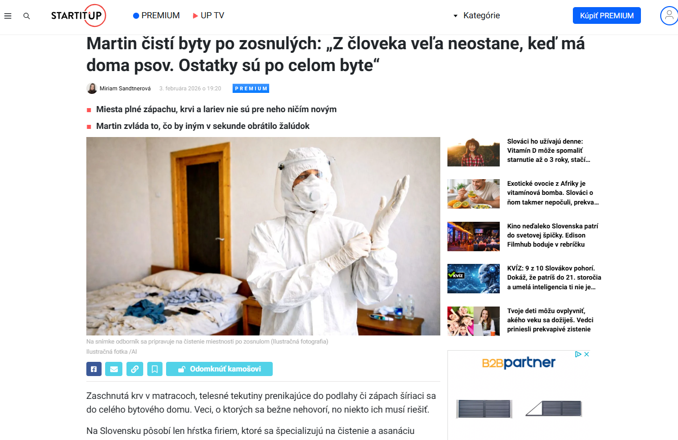 Článok Startitup o asanácii miesta po zosnulom a práci DEKONTAMINEX®